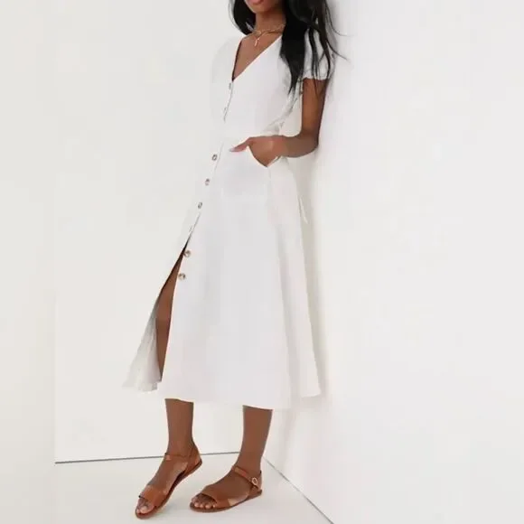 NWT Lulus Sicily Sweetheart White Button Front Puff Sleeve Midi Dress Size XL - Picture 2 of 5